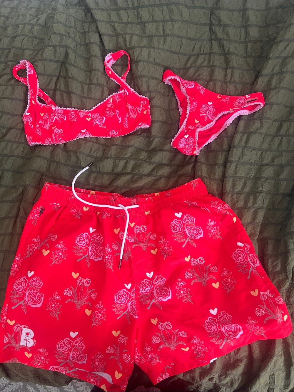 Blackbough Red Floral Bra, Bikini & Shorts Set